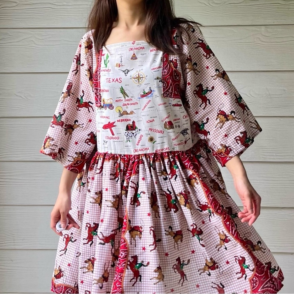 Western Rodeo | US Map | Handmade Bandana Dress SKU 05296 Red/Cowboy